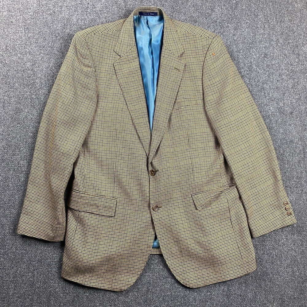 Alan Flusser Blazer Adults 44L Beige Houndstooth‎ Silk Worsted Wool Jacket Mens